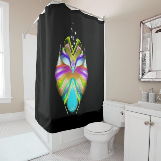 Black and Multicolor Oracle Owl Shower Curtain (In Situ)