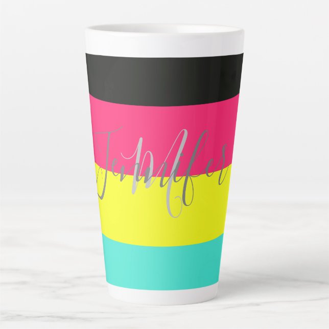 Black and Neon Colour Block Stripe Monogram Name Latte Mug (Front)