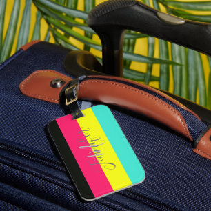 Black and Neon Colour Block Stripe Monogram Name Luggage Tag