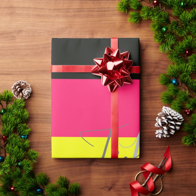 Black and Neon Colour Block Stripe Monogram Name Wrapping Paper (Holiday Gift)