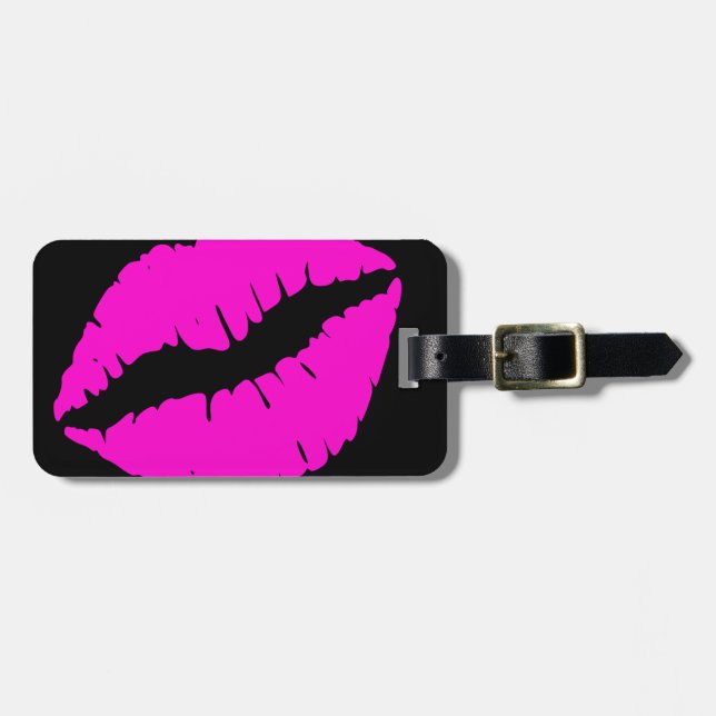 Black and Neon Pink Lipstick Kiss Luggage Tag (Front Horizontal)