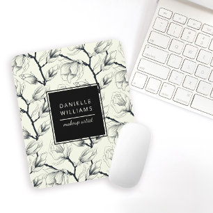 Black and Off-White Elegant Magnolia Botanical Mouse Mat