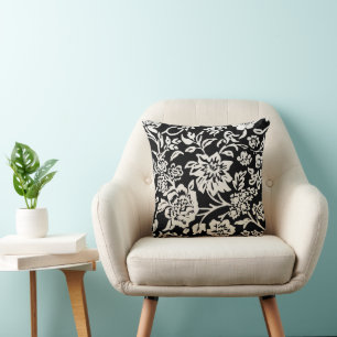 Black and Off White Farmhouse Floral Pattern Cushion