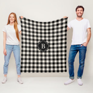 Black and Off-White Plaid Pattern and Monogram Fleece Blanket