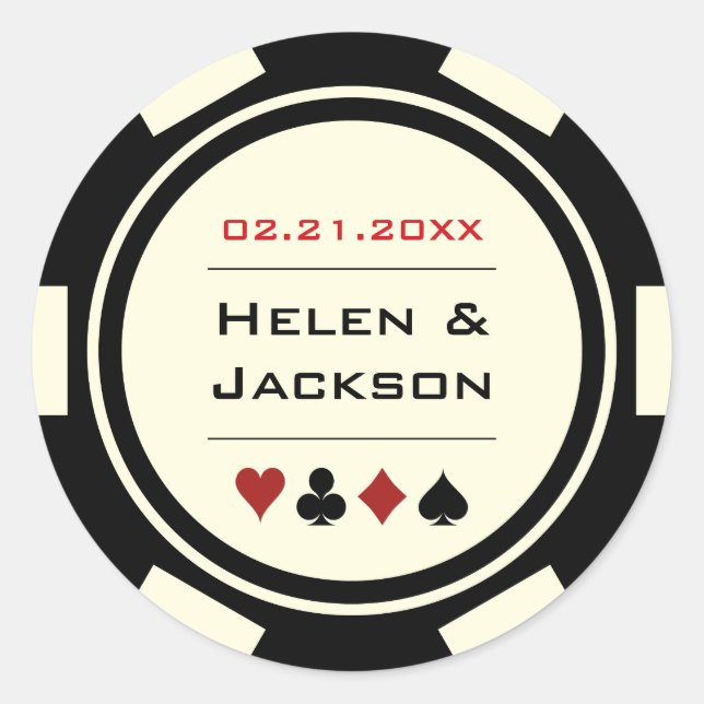 Black and Off White Poker Chip Wedding Classic Round Sticker (Front)