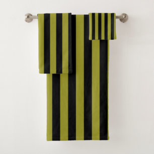 Black And Olive Green Vertical Stripe Bath Towel Set