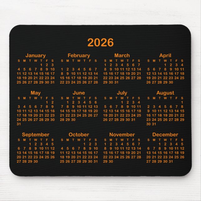 Black and Orange 2026 Calendar Mouse Mat (Front)