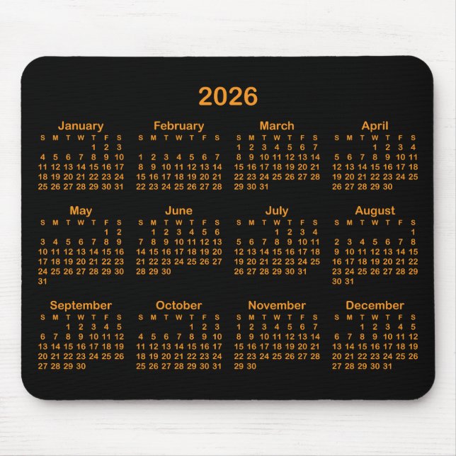 Black and Orange 2026 Calendar Mouse Mat (Front)