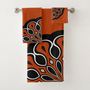 Black and Orange Abstract Modern Mandala Bath Towel Set