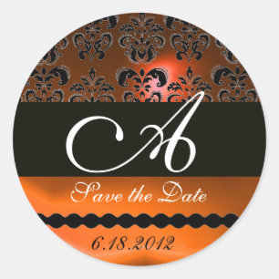 BLACK AND ORANGE AGATE DAMASK MONOGRAM, CLASSIC ROUND STICKER