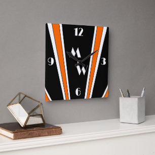 Black And Orange Art Deco Design Monogrammed Square Wall Clock