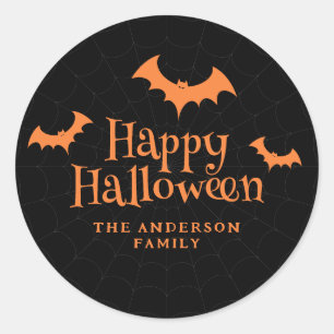 Black and Orange Bat Happy Halloween Classic Round Sticker