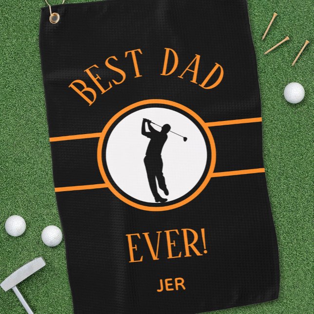 Black and Orange Best Dad Ever Personalised Golfer Golf Towel (Creator Uploaded)