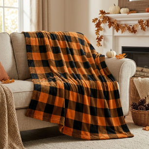 Black and Orange Buffalo Plaid Autumn Fall Fleece Blanket