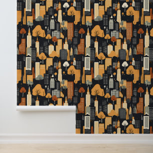 Black and Orange City Buildings in Fall Pattern  Wallpaper