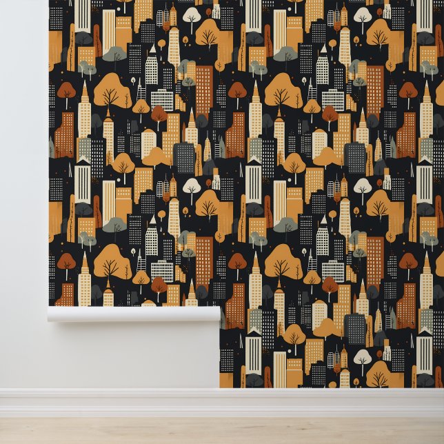 Black and Orange City Buildings in Fall Pattern  Wallpaper (Application)