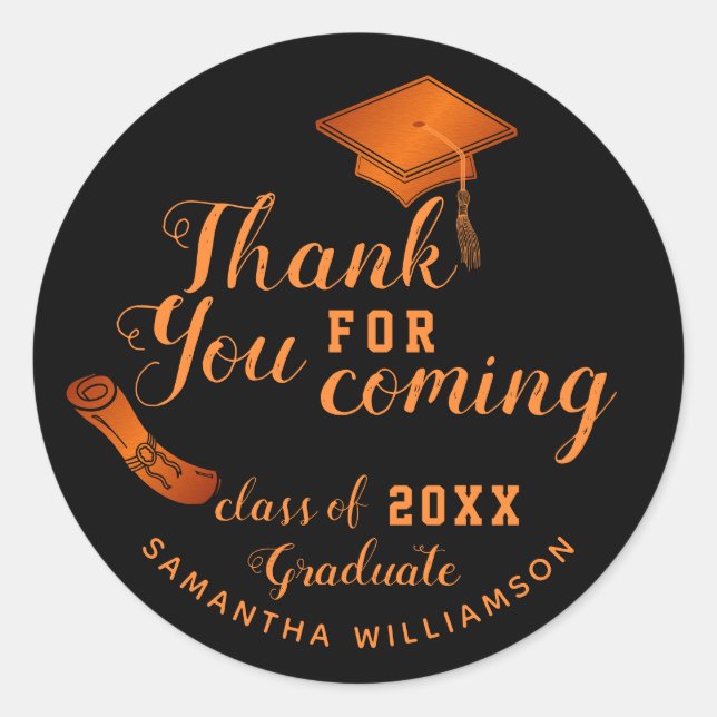 Black and Orange Class of 2025 Graduate Thank You Classic Round Sticker (Front)