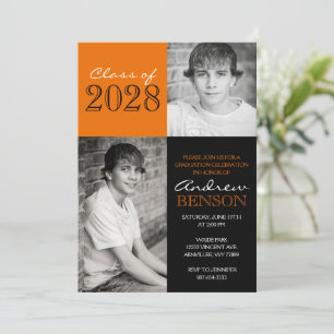 Black and Orange Classic 2 Photo Graduation Invitation