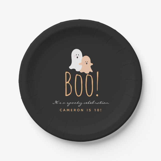 Black and Orange Cute Ghosts Boo! Halloween Paper Plate (Front)