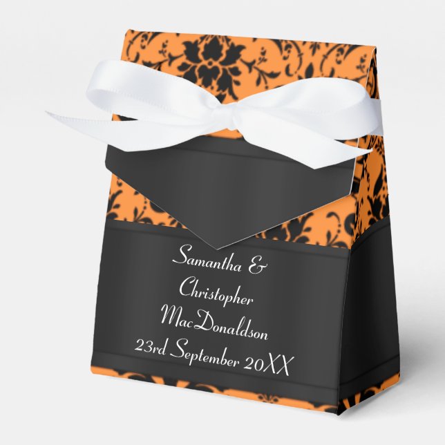 Black and orange damask wedding favour box (Front Side)