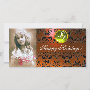 BLACK AND ORANGE DAMASK Yellow Topaz Monogram Holiday Card