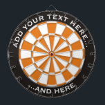 Black and Orange Dartboard with custom text<br><div class="desc">Dartboard with black and orange colours and two custom text areas.</div>