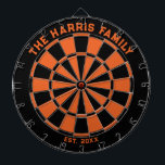 Black and Orange Family Dartboard with Darts<br><div class="desc">Black and orange dart board with two custom text areas. Great wedding gift!</div>