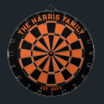 Black and Orange Family Dartboard with Darts<br><div class="desc">Black and orange dart board with two custom text areas. Great wedding gift!</div>