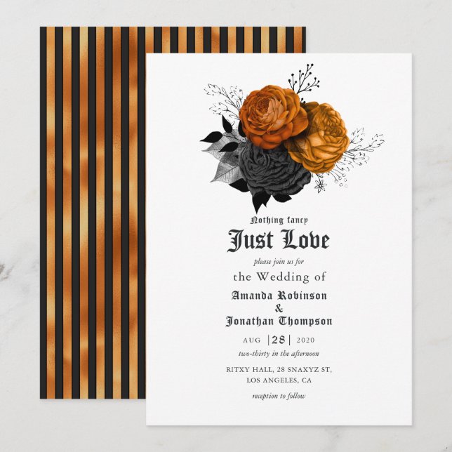Black and Orange Floral Gothic Wedding Invitation (Front/Back)