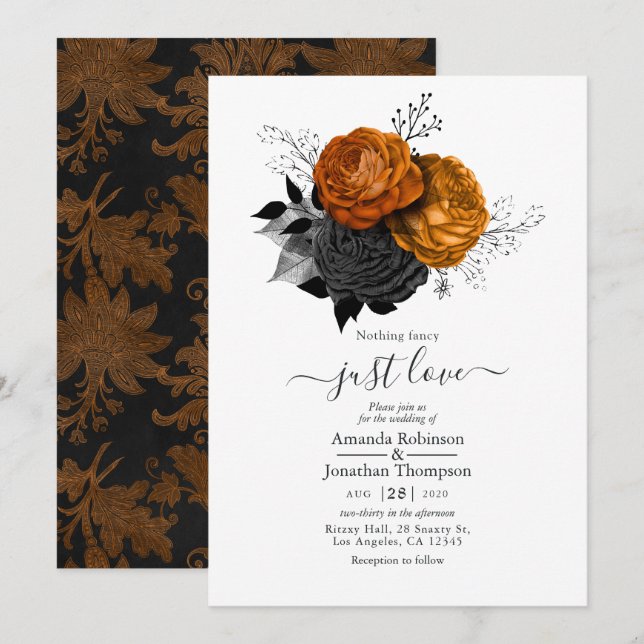 Black and Orange Floral Gothic Wedding Invitation (Front/Back)