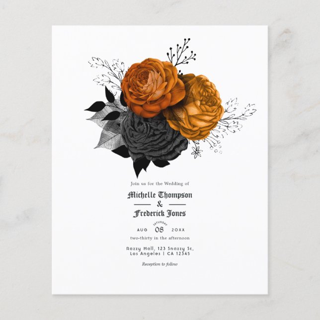 Black and Orange Floral Gothic Wedding Invitation Flyer (Front)