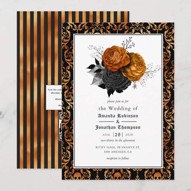 Black and Orange Floral Gothic Wedding Photo Invit Invitation (Front/Back)
