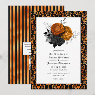 Black and Orange Floral Gothic Wedding Photo Invit Invitation