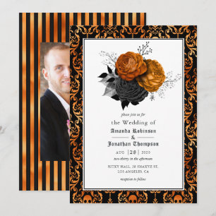 Black and Orange Floral Gothic Wedding Photo Invitation