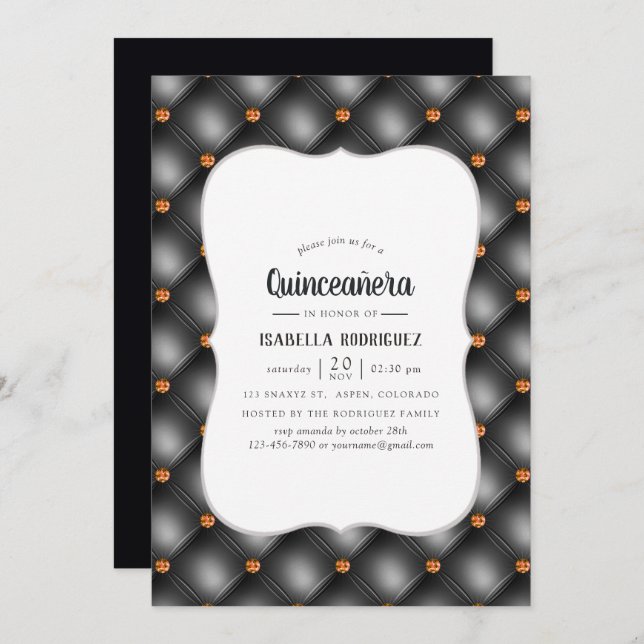 Black and Orange Gem Faux Leather Quinceañera Invitation (Front/Back)
