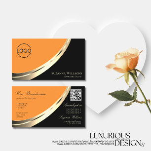 Black and Orange Gold Decor with Logo & QR-Code Business Card