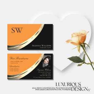 Black and Orange Gold Decor with Monogram & Photo Business Card