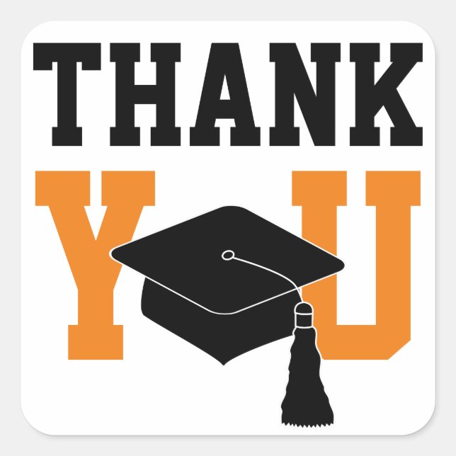 Black and Orange Graduation Thank You Square Sticker (Front)