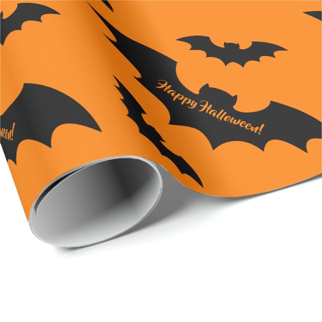 Black and orange Halloween bats custom name Wrapping Paper (Roll Corner)