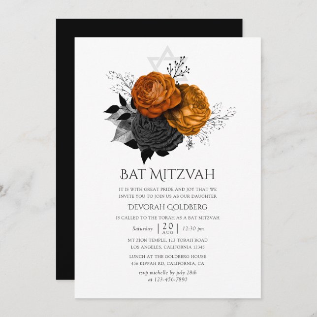 Black and Orange Halloween Floral Bat Mitzvah Invitation (Front/Back)
