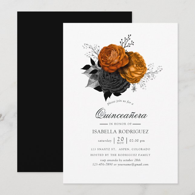 Black and Orange Halloween Floral Quinceañera Invitation (Front/Back)