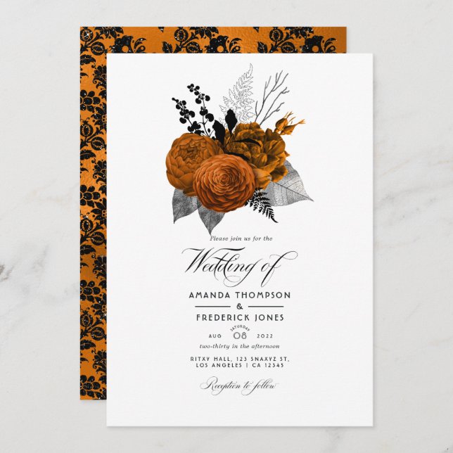 Black and Orange Halloween Floral Wedding Photo Invitation (Front/Back)