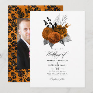 Black and Orange Halloween Floral Wedding Photo Invitation