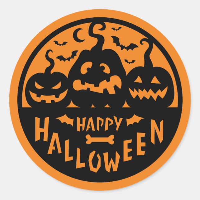 Black and Orange Happy Halloween Classic Round Sticker (Front)