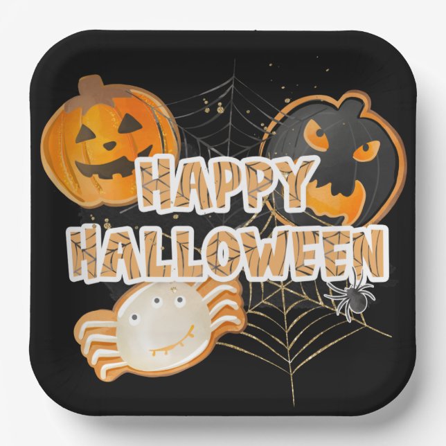BLACK AND ORANGE HAPPY HALLOWEEN PUMPKINS PAPER PLATE (Front)