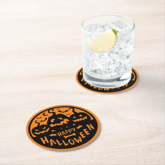 Black and Orange Happy Halloween Round Paper Coaster (Insitu)