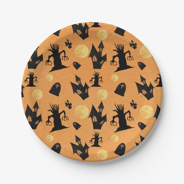 Black and Orange Haunted House Halloween  Paper Plate (Front)