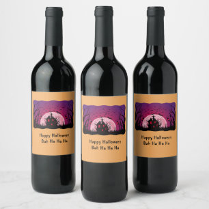 Black and Orange Haunted House Halloween Wine Label