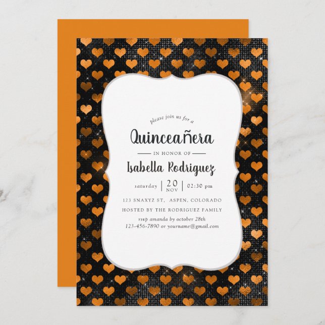Black and Orange Heart Pattern Quinceañera Invitation (Front/Back)