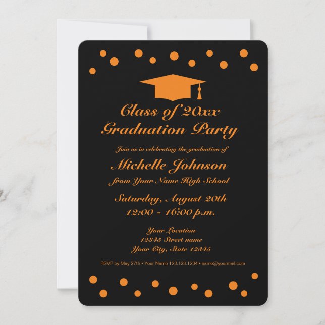 Black and orange high school graduation party invitation (Front)